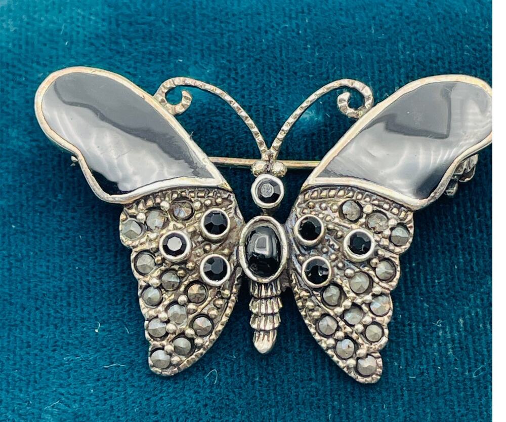 Sterling Silver Butterfly Brooch Pin 925 Marcasite Black Glass Spot Enamel Wings